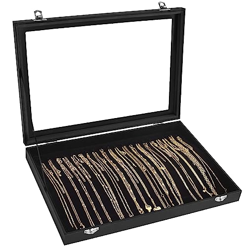 Necklace Organizer Box with Clear Lid Velvet Tray for Jewelry Storage Display Case, 20 Hooks Glass Top Drawer Insert Necklaces Pendants Dustproof Necklace Jewelry Box Organizer & Tray (Black) - color: Black, size: Necklace tray