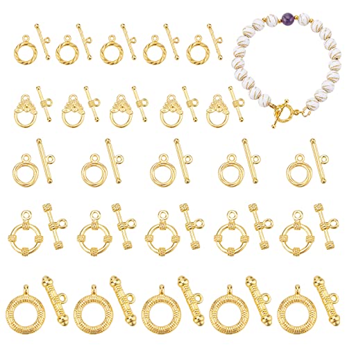 PH PandaHall 50 Sets 14K Gold Toggle Clasps, Flower Ring T-Bar Jewelry Clasps Tibetan Style Closure Gold Filled Clasp for Necklace Bracelet Jewelry Making DIY Craft, 5 Styles