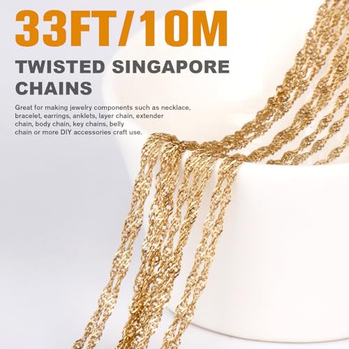 33 Feet 18K Gold PVD Plated Singapore Chains Roll, 1.7mm Width 304 Stainless Steel Gold Twisted Link Chain Bulk Spool for Jewelry Making DIY Craft - color: 1.7MM Gold Color