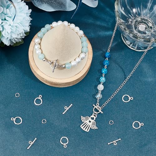 1 Box 120 Sets Toggle Jewelry Clasp Sets Bracelet Toggle Clasp Silver Alloy Closures OT Round Buckle End t Bar Clasp Connectors with Jump Rings Set for DIY Jewelry Making Accessories Craft - style: Style 2