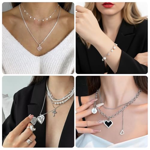 Afcabakila 15 Rolls Necklace Chains Stainless Steel Jewelry Chains Kit 118 Feet Silver for Jewelry Making DIY Necklace Bracelet Making with Jump Rings Lobster Clasps and Connectors