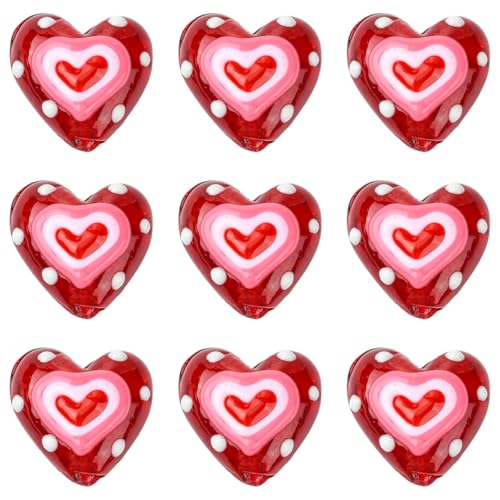 DanLingJewelry 10Pcs Handmade Lampwork Glass Red Heart Beads Colorful Bumpy Glass Heart Loose Beads for DIY Jewelry Making Craft - color: Red