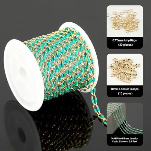 YOUBEIYEE 6.6 Feet Gold Plated Brass Chain on Spool Green Enamel Cable Chain Necklace DIY Jewelry Chains Bulk with Jump Rings and Lobster Clasps - color: Green