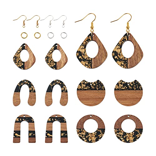 FASHEWELRY 10Pcs Resin Wood Earrings Charms Teardrop Flat Round Wooden Earring Blanks Wooden Earring Findings for Earrings Making Kits with 60Pcs Earring Hooks & Jump Rings - color: 0Golden & Black-5 Shapes