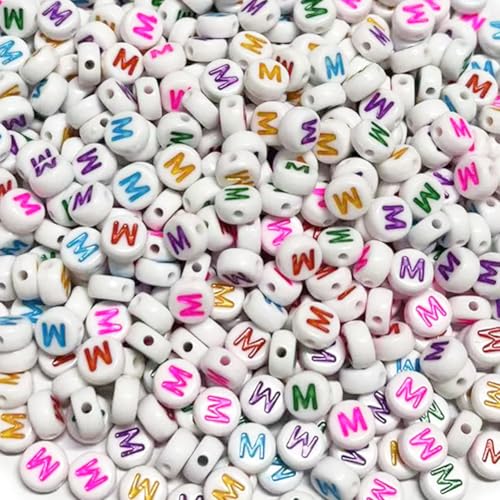 500PCS 4x7mm Acrylic Letter Beads M for Friendship Bracelets Jewelry Making, White Round Flat Acrylic with Colourful Alphabet Beads for DIY Crafts Bracelets Necklaces Key Chains Phone Lanyard - color: M(colourful on white)