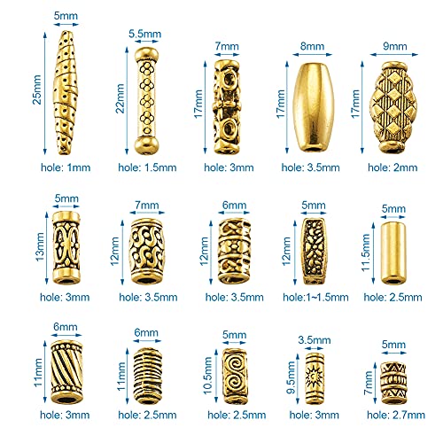 Beadthoven 150pcs/Box Tibetan Style Alloy Column Beads Mixed Antique Golden Metal Oval Cuboid Shuttle Tube Spacers Beads for Bracelet Necklace Jewelry Making Supplies - color: Antique Golden-Column