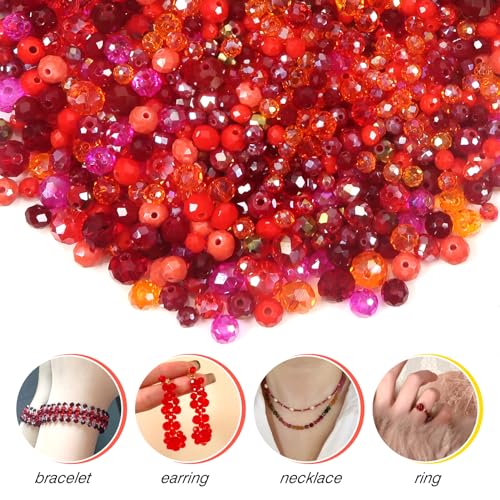 TOAOB 1000pcs Briolette Crystals Glass Beads 4mm 6mm 8mm Rondelle Faceted Spacer Beads Red Loose Beads for Bracelets Necklace Earrings Jewelry Making - color: Red