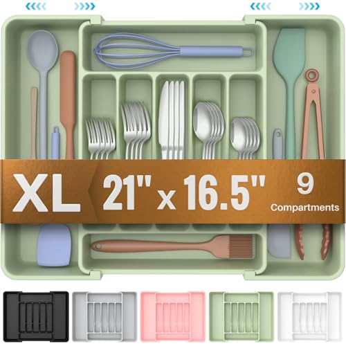 ukeetap Extra Large Expandable Silverware Organizer, BPA-Free Food-Safe Cutlery Flatware Organizer, Kitchen Utensil Drawer Organizer, Adjustable Silverware Holder for Spoons Forks Knives, Green - color: Green
