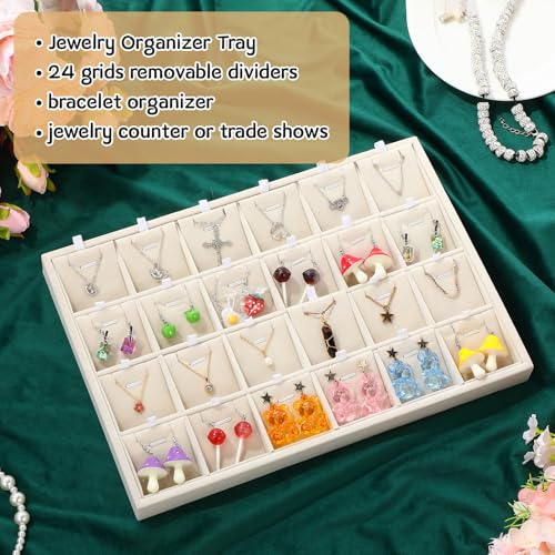 2 Pcs 24 Grid Stackable Jewelry Organizer Tray with Removable Dividers Ice Velvet Jewelry Display Showcase Tray for Necklace Earring Ring Bracelet Holder(Beige Velvet) - color: Beige Velvet