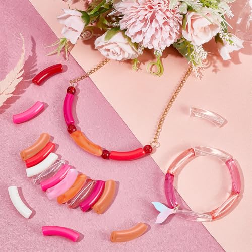PH PandaHall 154pcs Curved Tube Beads, 11 Color Acrylic Tube Bead Pink Chunk Slide Beads Noodle Loose Spacer Bead for Valentine Summer Friendship Bracelet Keychain Jewelry Making 32mm - color: Pink