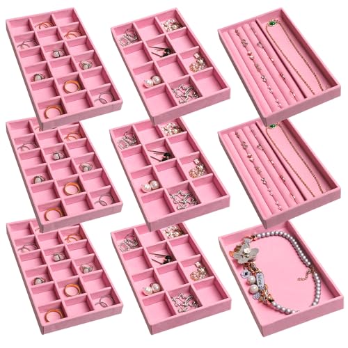 Frebeauty Jewelry Organizer Tray,Stackable Velvet Jewelry Trays,Drawer Inserts Earring Organizer For Women Jewelry Storage Display Case for Rings Stud Necklaces,8.3 x 4.9 x 1 Inches (Pink) - color: Pink, size: Set 9