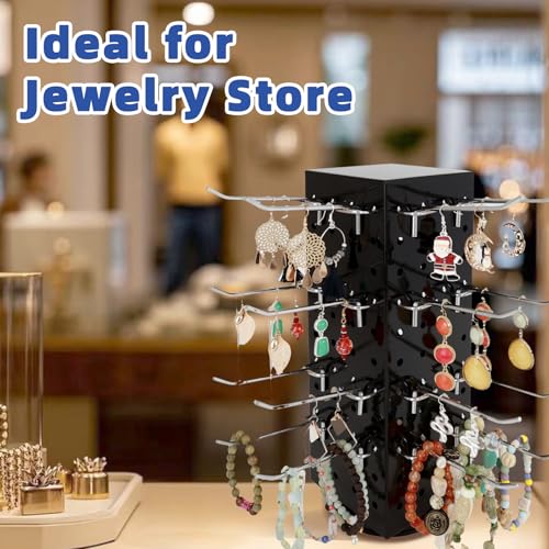 Rotating Pegboard Stand with 20 Peg Hooks 4-Sided Pegboard Spinning Display Stand 4 x 4 x 12 Inches, Keychain Display Stand for Retail Display, Earring Display (Black) - color: Black