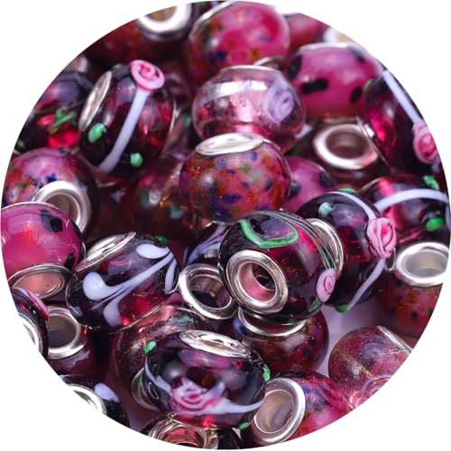 AIPRIDY 50Pcs 15x11mm Murano Large Hole Glass Beads with Silver Brass Cores European Beads for Jewelry Making (Purple) - color: Purple