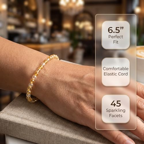 Angelstones Natural Gemstone Small Beaded Stretch Bracelet, 4mm Faceted Round Beads, Crystal Healing Bracelet for Women - color: Citrine