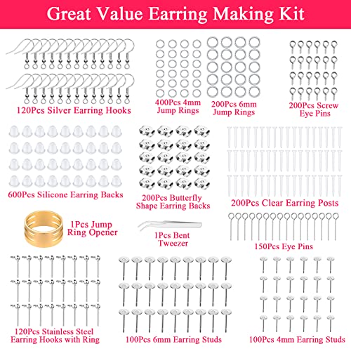 Cludoo Earring Making Kit - 2393 Pcs Hypoallergenic Earring Hooks, Posts, Backs, Studs & Tools for Jewelry DIY Making & Repair