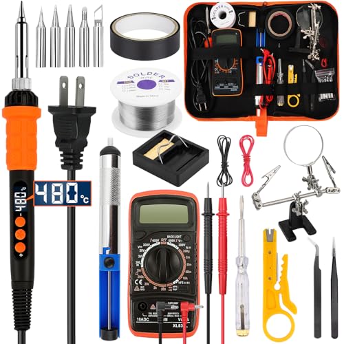 Soldering Iron Kit,90W LED Digital Solder Iron Soldering Gun kit,Adjustable Temperature(180°C-480°C),19-in-1 Welding Tool Including Desoldering Pump, Multimeter, 5 Solder Tips,Helping Hands - color: 19-in-1 Soldering Iron Kit