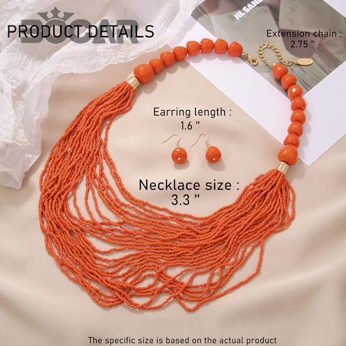 Bocar Necklace for Women, Multi Layer Statement Necklace, Long Chain Chunky Bib Seed Beads Necklace, Necklace Earring Set for Women Gift (NK-10693) - color: Orange-set