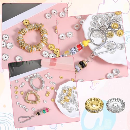 SULIKJHUI 150 Pcs Spacer Beads 12mm, Gold and Silver Spacer Beads for Bracelets, Jewelry Making, 2.5mm Hole & 3mm Height, Iron with Rhinestones (0.47 Inch Outer Diameter) - color: Gold + Silver