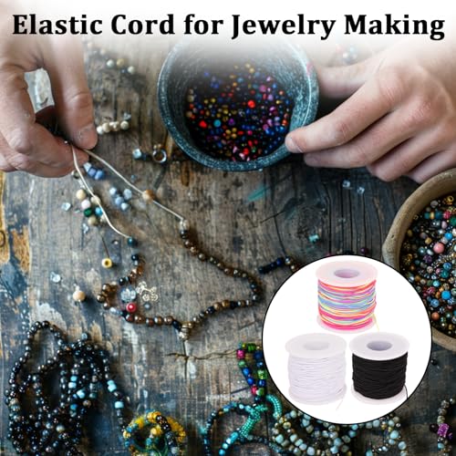 6 Rolls Elastic String for Bracelets, 1mm 984 Feet Sturdy Stretchy Bracelet String Thread, Necklace Stretchy String for Bracelet Making Crafts, Jewelry Making Supplies Elastic Cord for Pony Beads - size: 1mm black, white