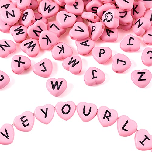 Cheriswelry 100pcs Pink Heart Acrylic Letter Mixed Opaque Black Alphabet Spacer Beads 10.5x11.5mm for DIY Craft Jewelry Making - color: Pink Heart Letter Beads