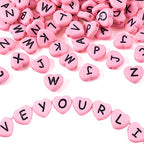Cheriswelry 100pcs Pink Heart Acrylic Letter Mixed Opaque Black Alphabet Spacer Beads 10.5x11.5mm for DIY Craft Jewelry Making - color: Pink Heart Letter Beads