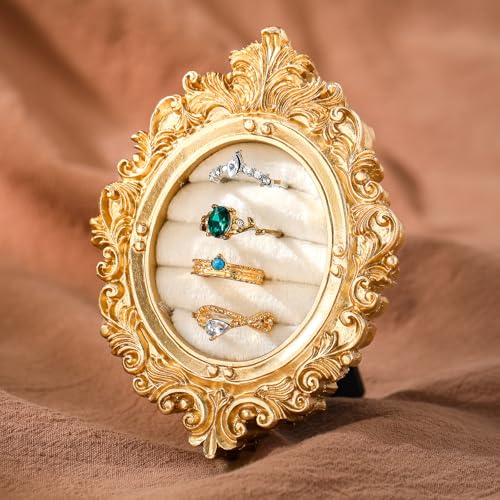Liliaafar Vintage Ring Holder Oval Light Gold Ring Display Stand Frame Earring Display Tray Anniversary Engagement Baroque Wedding Jewelry Organizer Photograph Prop for Women Christmas Gift - color: Light Gold, style: Oval