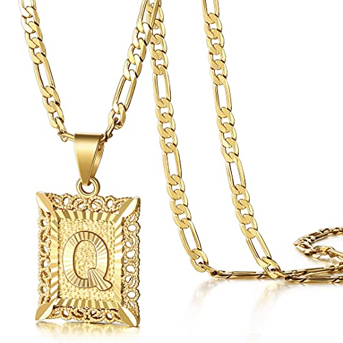 KissYan Initial Letter Pendant Necklace for Men Women, 14K Gold Plated Square Capital Monogram Necklace Alphabets from A-Z Figaro Chain Jewelry - color: 1-Gold, style: Q
