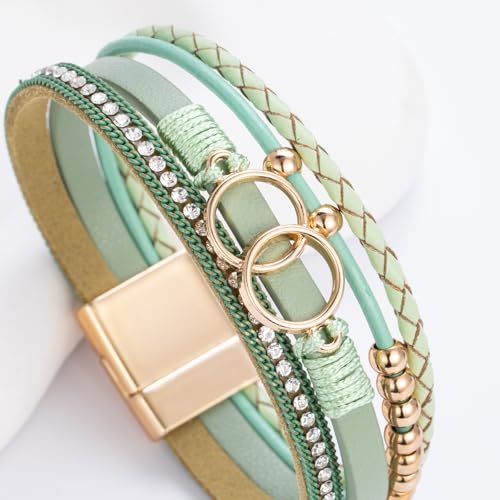 FANCY SHINY Mothers Day Gifts Boho Leather Wrap Bracelet Stackable Infinity Chunky Cuff Bracelets Western Hippie Outfits Jewelry Valentine Gifts for Women - color: Avocado