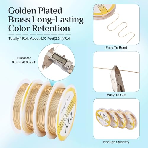 4 Rolls 20 Gauge 14K Gold Plated Metal Beading Craft Wire, 0.8mm Tarnish Resistant Copper Wires, Beading Soft Copper Wire Jewelry Wrapping Wire for DIY Crafts Jewelry Making Supplies - color: Golden, size: 0.8 mm / 20 Gauge