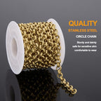 KYUNHOO 9.8FT/3M Gold Chain for Jewelry Making Textured Circle Links on Spool Stainless Steel Jewelry Chains Bulk for Necklace Bracelet DIY with Lobster Clasps Jump Rings - color: Circle Gold