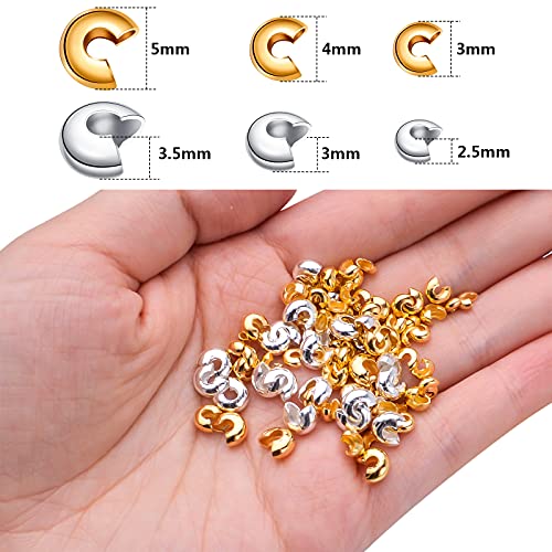 Aylifu 600pcs 3mm/4mm/5mm Crimp Bead Knot Covers Half Round Open Crimp Beads Crimp Bead Covers for DIY Jewelry Crafts Making - color: Gold,sliver(0.12/0.15/0.19inch)