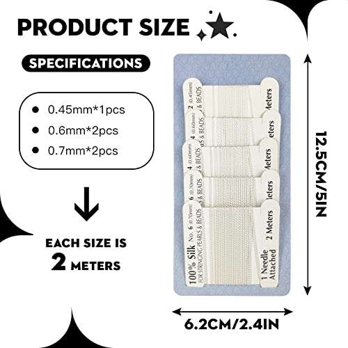 The Hobbyworker 5pcs Silk Beading Cord Thread and Needles Size2/4/6 White for Knotting Pearl,Crystals,Gemstones and Beads