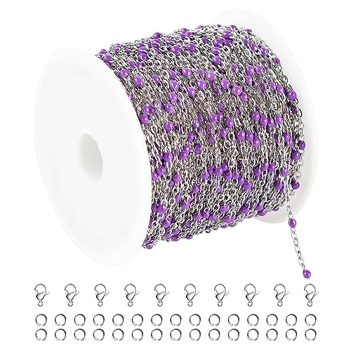 UMAOKANG 33ft Bead Chain for Jewelry Making Stainless Steel Cable Link Chain Spool Lavender Beaded Bracelet Chain with Open Jump Rings and Lobster Clasps - color: Lavender Bead-Steel