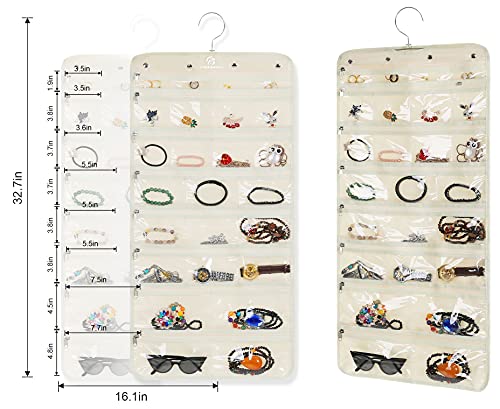Hanging Jewelry Organizer with 50 Transparent Pockets, 360° Rotating Hanger & Secure Zipper Closure - Foldable Double Sided Jewelry Storage Bag for Earrings, Rings, Necklaces, Bracelets (Beige)
