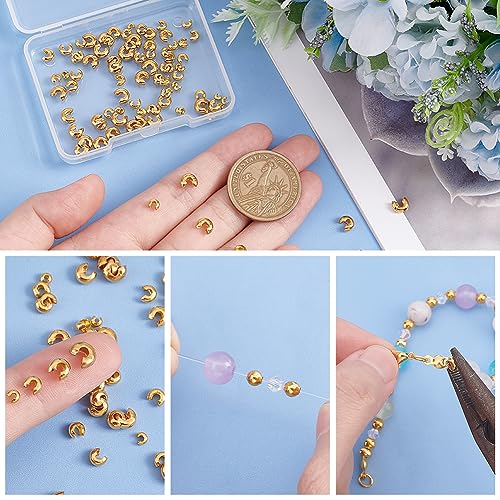 UNICRAFTALE 120pcs 4 Sizes Stainless Steel Crimp Beads 3/4/5/6mm - Golden Half Round Open Knot Covers for DIY Bracelet Necklace Jewelry Making - size: 4 Sizes