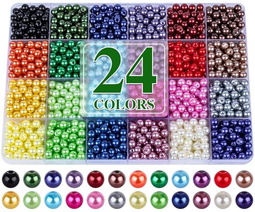 XSEINO About 1200+ PCS 6mm Imitation Pearl Style Glass Beads Bracelet Making Kit, 24 Assorted Colors Imitation Pearl Series Crystal Beads for Jewelry Making and DIY Crafts, Friendship Bracelets - color: Pearl Glass Beads