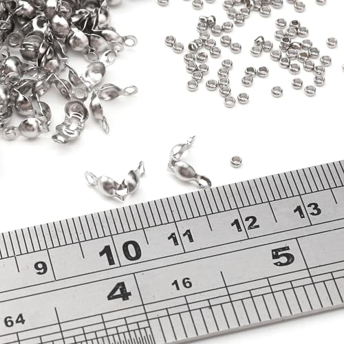 304 Stainless Steel Crimp Beads 2.0mm and End Caps 4x8mm Set 200pcs for Jewelry DIY Making and Repairing - color: Crimp Beads and End Caps Set, size: 2.0mm and 4x8mm