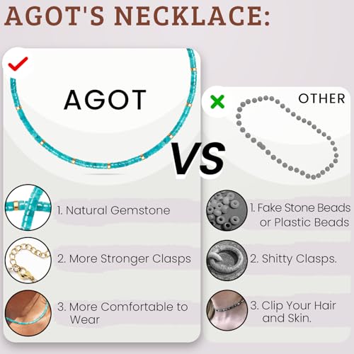 AGOT Beaded Gemstone Necklace for Women: Boho Bead Choker Natural Stone Necklaces - Handmade Jewelry for Summer Beach - color: Blue