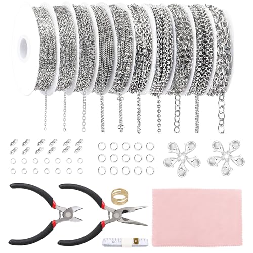 Fesorsi Silver Chain for Jewelry Making, 78.5ft 10 Style Steel Jewelry Chain, Electroplating Process, for DIY Necklace Chains, Tassel Pendants, with Jump Ring, Lobster Clasp, Pliers - color: Silver, size: 78.5ft 10Style