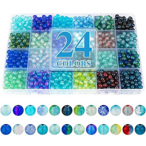 XSEINO About 1200pcs 6mm Crack Glass Beads Bracelet Making Kit,24 Assorted Crackle Oceanic Blue Series Colorful Crystal Beads for Bracelet,Jewelry Making,DIY Crafts,Friendship Bracelets - color: Ocean Blue