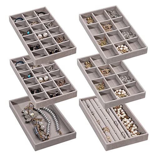 Frebeauty Jewelry Organizer Tray,Stackable Velvet Jewelry Trays,Drawer Inserts Earring Organizer For Women Jewelry Storage Display Case for Rings Stud Necklaces,Set of 6(Grey) - color: Grey, size: Set 6
