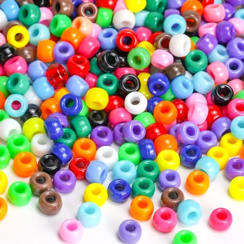 1000+Pcs Pony Beads for Bracelets, 12 Colors Rave Kandi Bead Bulk Plastic Hair Beads for Jewelry Making Rainbow Colorful Large Hole Bead Arts and Crafts DIY Necklace Keychain Making - color: Vibrant Solid-Color 1000pcs