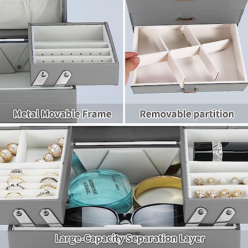 Dajasan Jewelry Organizer Box, Large Jewelry Boxes for Women Girls, Space-Saving 4 Layers Jewelry Storage Case with Drawer, Movable Metal Stand, Modern, Gift Idea (Grey) - color: Grey + Silver