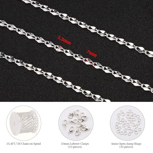 KYUNHOO 5 Meters Thin Cable Link Jewelry Making Chains Spool Silver Plated Copper Chains with Lobster Clasps Jump Rings for Crafts DIY Finding Supplies - color: Lip Silver
