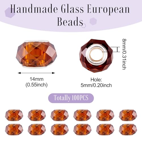 100pcs 14mm Large Hole Beads Glass Crystal Faceted Beads Brown European Crystal Spacer Bead for Valentine's Day Necklace Earring Bracelet Crafts Jewelry Making - color: Brown