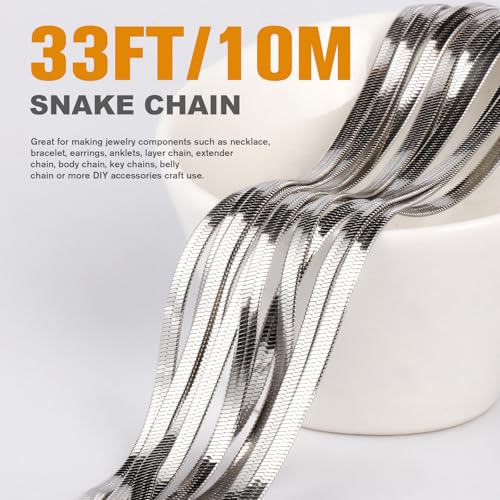 33 Feet Stainless Steel Snake Chains Roll, 3mm 304 Stainless Steel Flat Snake Chain Bulk Spool for Jewelry Making DIY Craft - color: 3.0mm Stainless Steel Flat Snake Chains