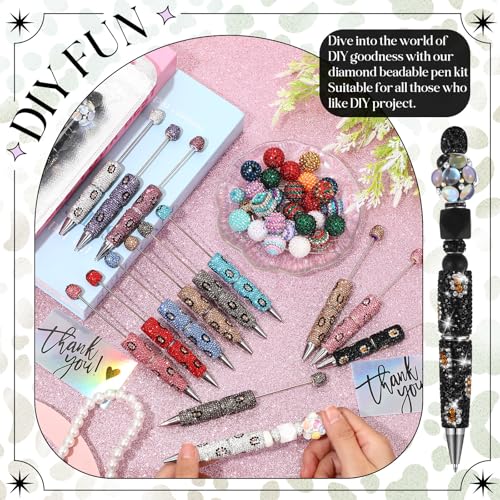 Tondiamo 45 Pcs Full Rhinestone Beadable Pens Bulk Set 15 Glitter Diamond Pens with Cards & Bags Fancy Beaded Pen for Beads DIY Cute Journalling Bling Ballpoint Craft Making(Leopard Print Diamonds) - style: Leopard Print Diamonds
