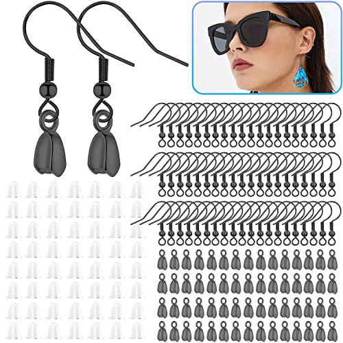 180Pcs Earring Making Kit - Stainless Steel French Earring Hooks Wire Ear Ball Hooks with Pendant Clasp for DIY Jewelry Crafts (Black)