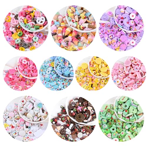 100 pcs Assorted Slime Charms, BOSOIRSOU Cute Candy Sweet Fruits Donut Charms Ornaments Flatback Resin Cabochons for Craft Making Ornament Scrapbooking DIY Crafts Beads Making Supplies - Random Style - color: 100 pcs
