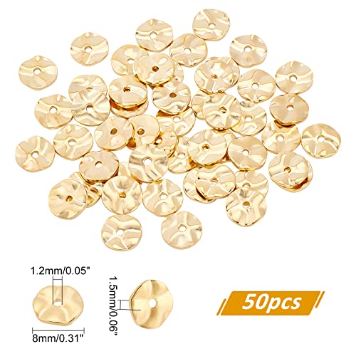 PH PandaHall 18K Gold Plated Spacer Beads, 50pcs Flat Round Loose Beads Brass Wavy Disc Beads for DIY Bracelets Necklaces Earrings Jewelry Making Craft Making, 8mm in Diameter - color: 18k Gold